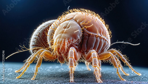 Extreme close-up of a mite sitting on organic tissue and dust - ai generated