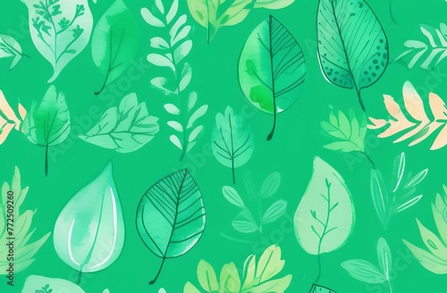 Watercolor-style leaves in varying shades of green on a vivid background
