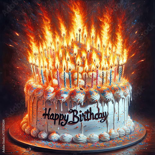 A large Happy Birthday cake with an excessive number of lit candles is engulfed in a dramatic blaze, creating an inferno-like spectacle