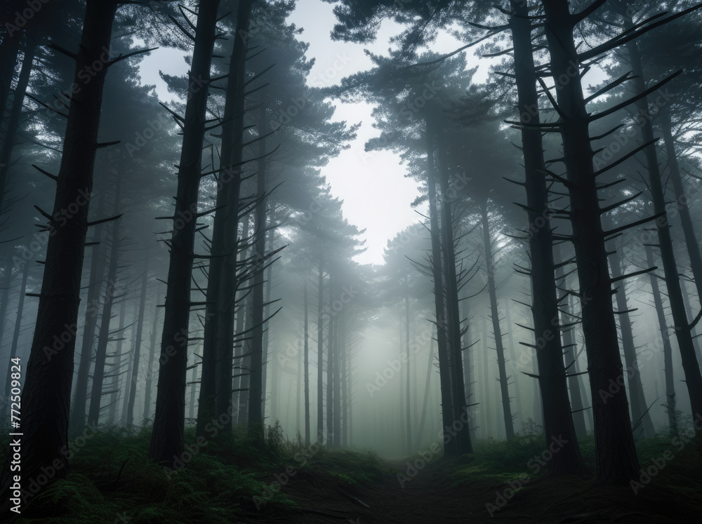 Beautiful landscape of a magical mystical forest, fog in a wild forest with tall pine trees, in the misty and creepy forest