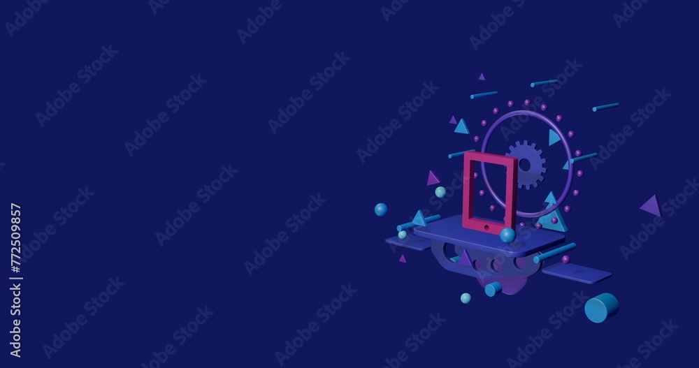 Pink tablet symbol on a pedestal of abstract geometric shapes floating in the air. Abstract concept art with flying shapes on the right. 3d illustration on indigo background