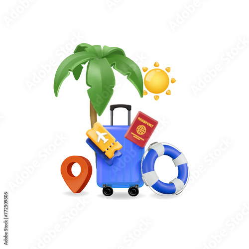 Luggage blue, air ticket, passport, lifebouy life ring and tropical palm. Travel concept. Tourism advertising. 3D Vector © lightgirl