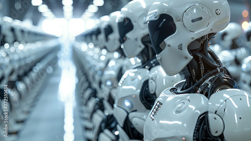 Production of android robots at the factory, modern future technology concept

