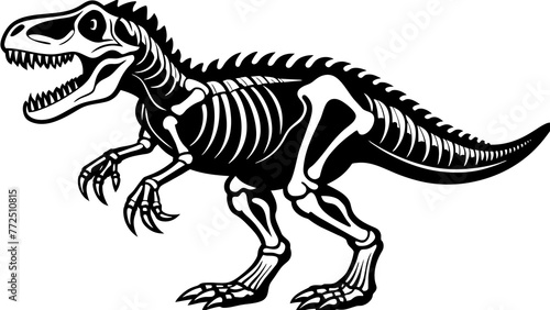 T rex dinosaur skeleton negative space silhouette illustration. Prehistoric creature bones isolated monochrome clipart. Dangerous ancient predator  tyrannosaurus fossil design element 