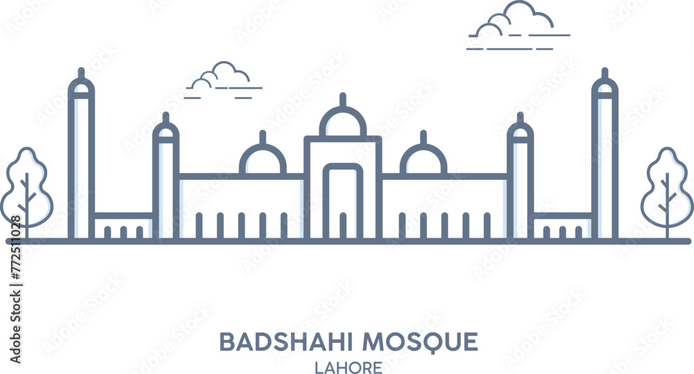 Badshahi Mosque, Lahore, Pakistan. Outline Illustration in vector.
