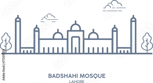 Badshahi Mosque, Lahore, Pakistan. Outline Illustration in vector.