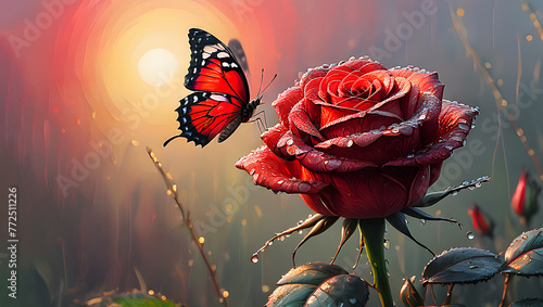 red rose in dew drops and butterfly on sunrise