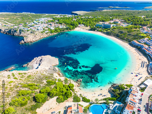 Areal drone view of the Arenal d'en Castell beach on Menorca island, Spain
