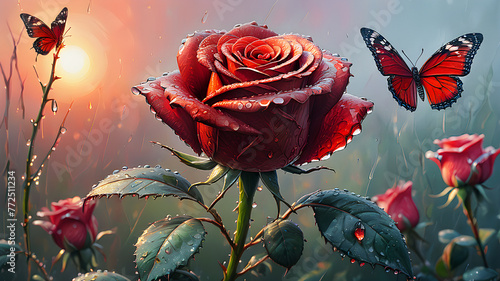 red rose in dew drops and butterfly on sunrise photo