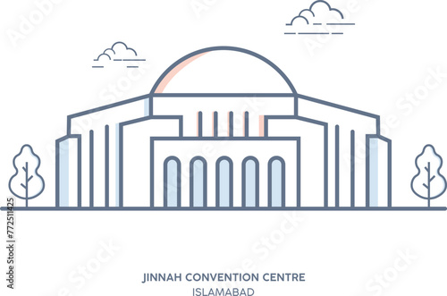 Jinnah Convention Centre Islamabad, Pakistan, Outline Illustration in vector.