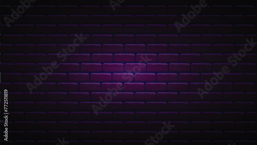 Neon brick wall background. Purple background for neon lights. Dark purple wallpaper with shadows on the edges. Background for neon lights illustrations and other design works. Vector illustration. 