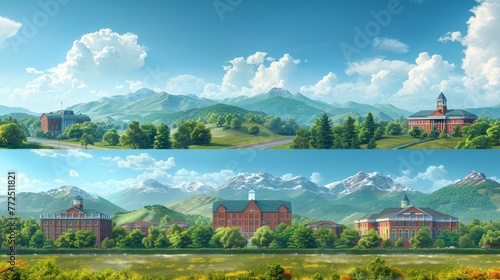 Buildings outside elementary and middle schools, college and university buildings, and high school buildings on a landscape. Text area in four horizontal banners. Modern illustration.