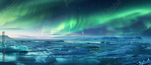 A vast icy plain in Iceland, under the spellbinding dance of the Aurora Borealis photo