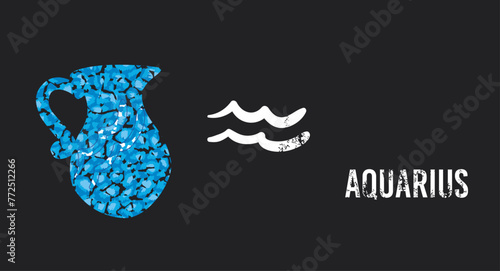 Aquarius. T-shirt design of the Aquarius symbol next to a blue Greek jug on a black background.