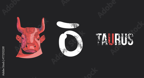 Taurus. T-shirt design of the head of a red bull and the symbol of Taurus on a black background.