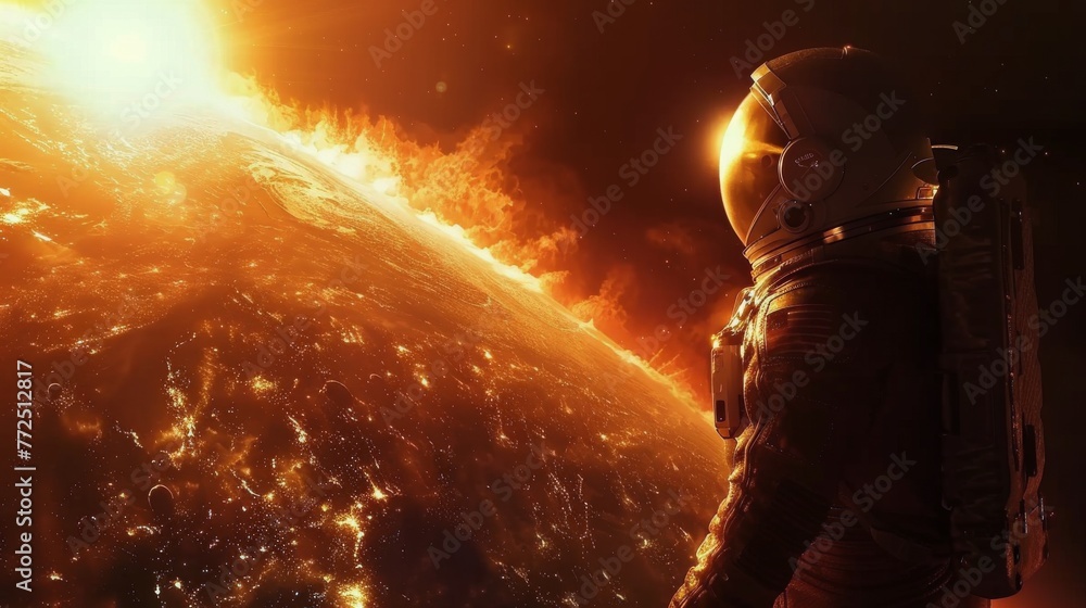 Astronaut Standing in Front of Planet - obrazy, fototapety, plakaty 