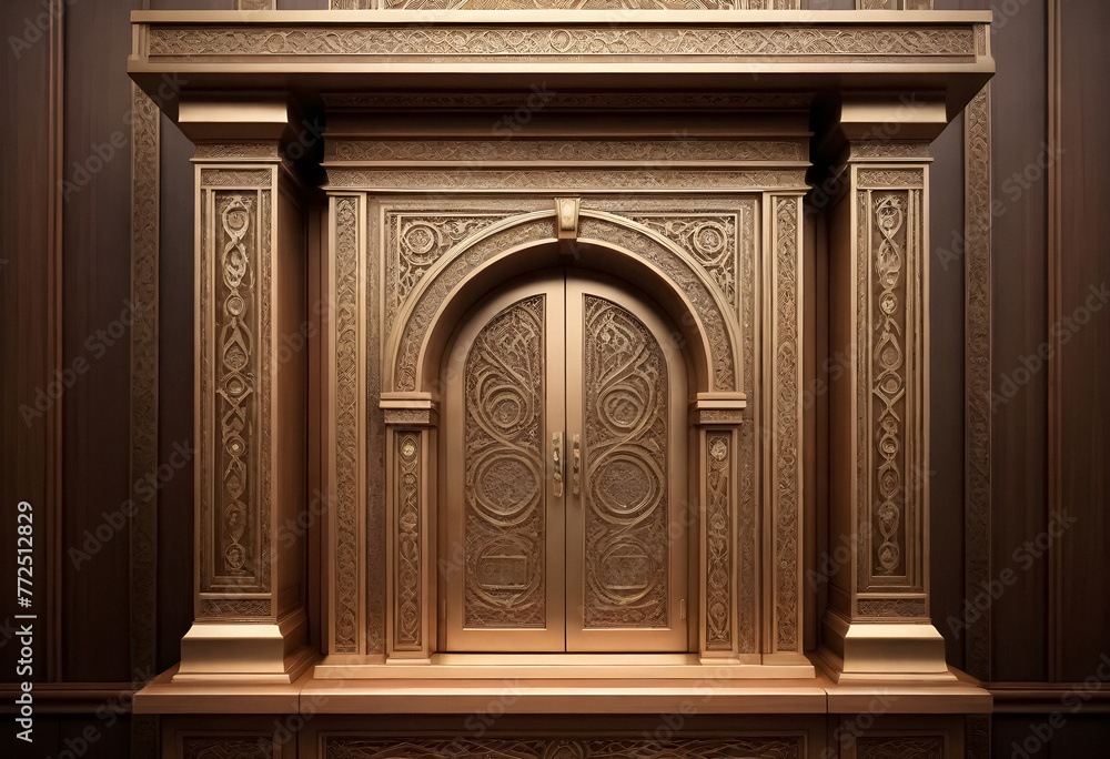 Obraz premium an ornate door with a gold frame and decorative carvings
