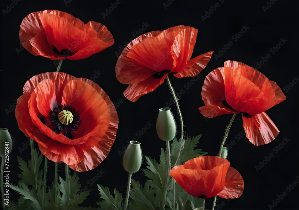 Obraz premium Red poppies on black background. Remembrance Day, Armistice Day symbol. Generative AI
