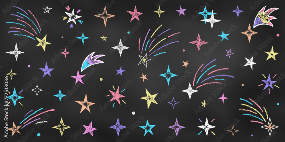 Realistic Chalk Drawn Sketch. Set of Design Elements Colorful Stars Isolated on Blackboard. Doodle Style.