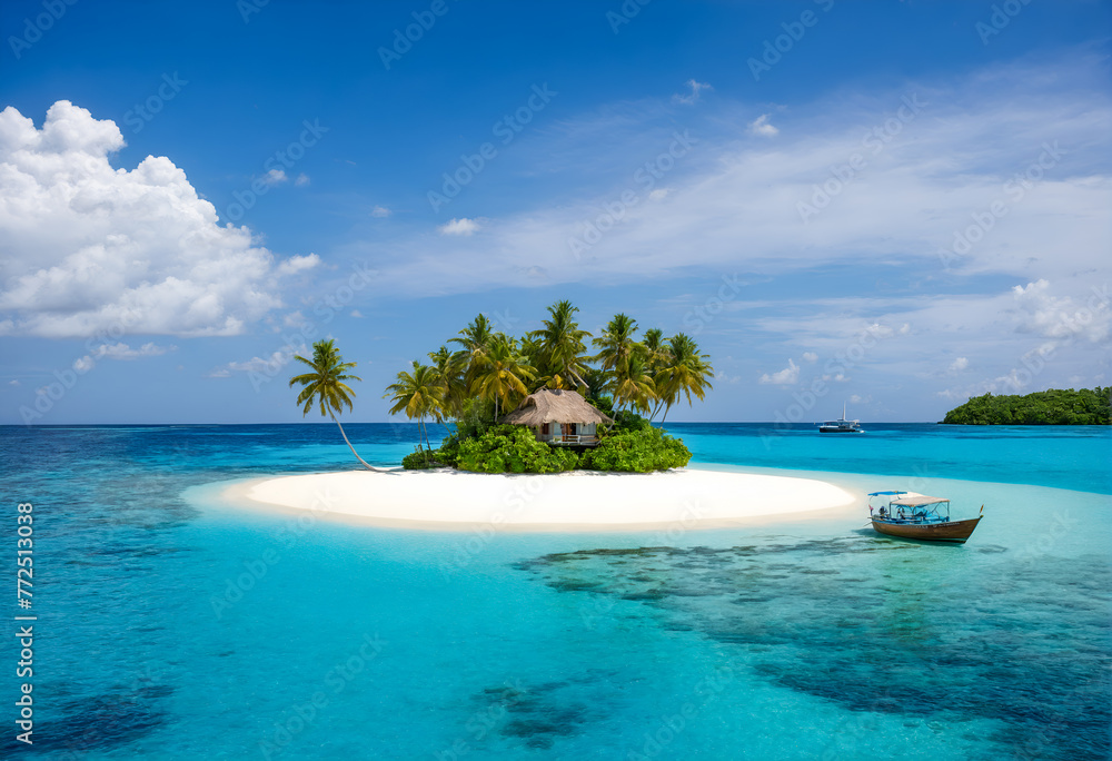 Tropical island with hut and palms surrounded by ocean blue water