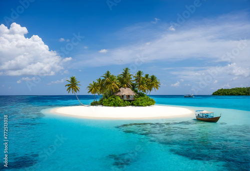 Tropical island with hut and palms surrounded by ocean blue water © anetlanda