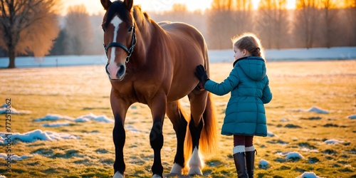 Cute little girl with her horse on nature meadow. Generative AI © anetlanda