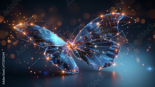 The digital flyer is composed of lines, dots, and shapes. A wireframe technology of light connection structure is used with the butterfly. Low poly modern illustration of a starry sky. © DZMITRY