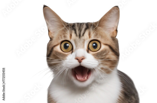 Portrait of a funny surprised cat, closeup. Cute cat in jump, isolated on transparent background