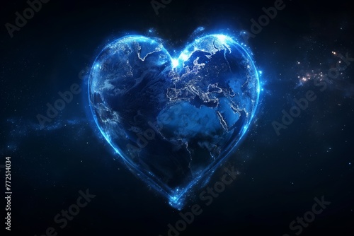 The blue glowing heart-shaped Earth floating in space symbolizes love and care for the planet. Earth Day Illustration