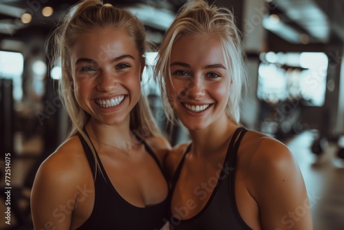 Close-up portrait of two happy girls in fitness sportswear smiling at the camera while standing in the gym