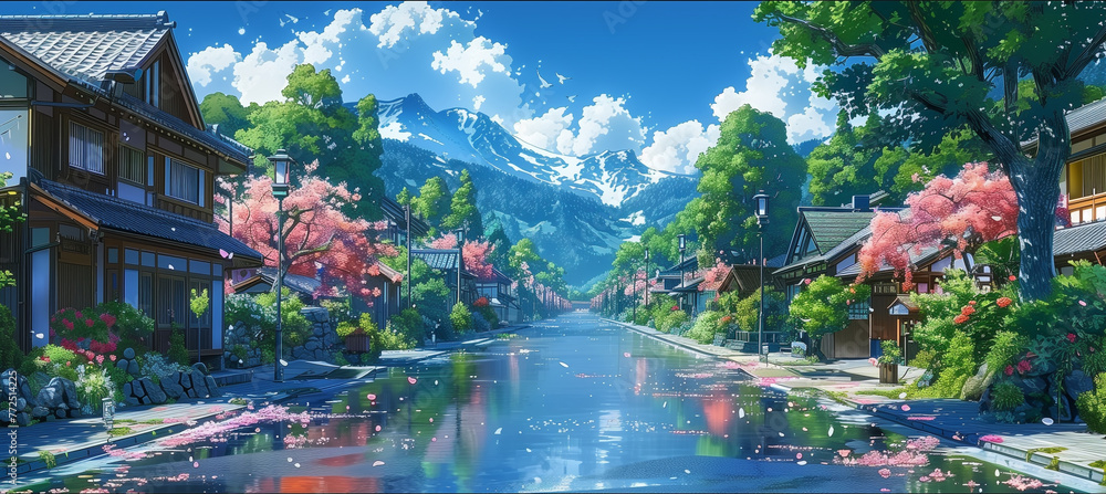 Fototapeta premium Japanese or fantasy eastern landscape. Anime Spring summer autumn art. Beautiful view small town downtown background. Digital painting. Poster, invitation, flyer, banner, header. Generative Ai content