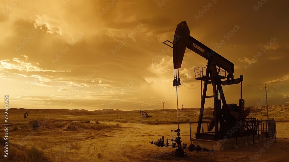 Crude Oil Production at Desert Oilfield. Oil Drilling Derrick & Rig Pump Jack. Petroleum Energy Exploration, Natural Gas & Liquids. Oilfield Services Contractor