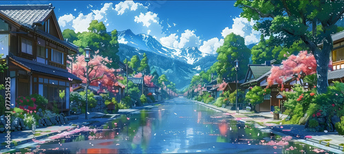 Japanese or fantasy eastern landscape. Anime Spring summer autumn art. Beautiful view small town downtown background. Digital painting. Poster, invitation, flyer, banner, header. Generative Ai content photo