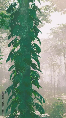 Morning mist rises up from rain forest floor with sun rays at Malaysia photo