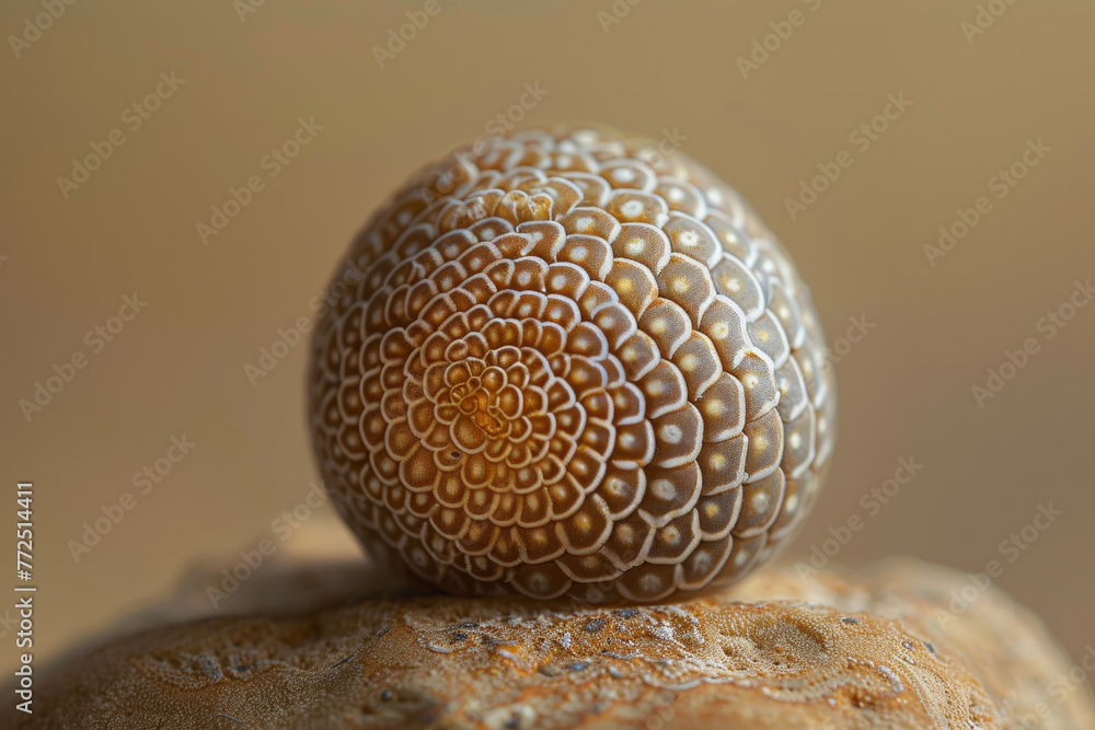 A small, round object with a patterned surface sits on a rock A small, round object with a patterned surface sits on a rock