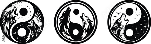 Wolf Yin-Yang Howling At The Moon, Dark and white. Decal, Vinyl, Label, Japanese Letters Sticker. Vector illustration of a symbol of Yin and yang