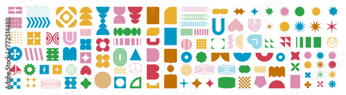Mega geometric and abstract shapes collection. Abstract symbols set. Set of geometric brutalism shapes. Figures, stars, spiral flower and circles