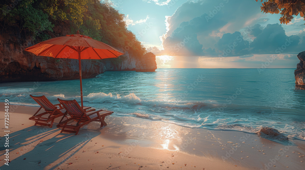 Vibrant Orange Umbrella and Beach Loungers Stand Over Tranquil Seaside Relaxation Spot - obrazy, fototapety, plakaty 