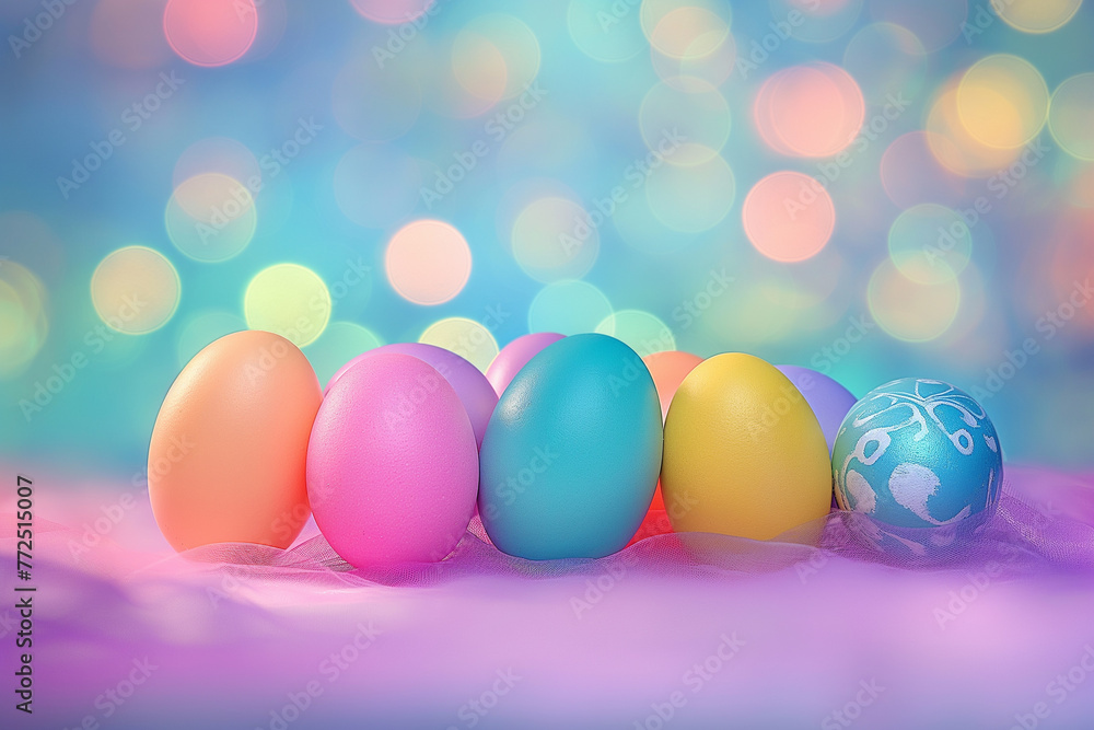 Colorful dotted Easter eggs dyed in bright colors, with copy space