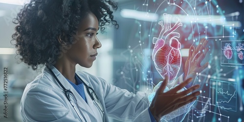 Cardiology and cardiologist - Woman doctor examining a wireframe hologram of a heart photo