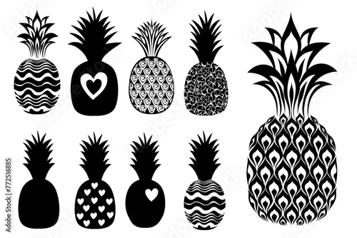 pineapples collection isolated on White background.  A set of pineapples. Tropical fruits collection. Black and white  Hand drawn. Isolated over white background. Vector 