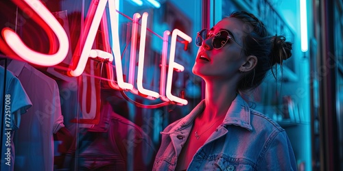 Woman standing in front of neon sign "SALE" text