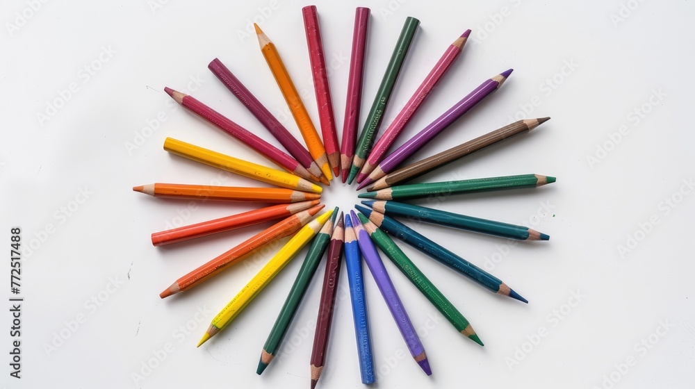 colorful crayons arranged in a mesmerizing circular pattern, each crayon pointing towards the center, against a pristine white background, evoking a sense of wonder and imagination.