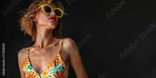 Young woman model in her 30s wearing a bright and colorful sundress with sunglasses - fun and friendly  photo
