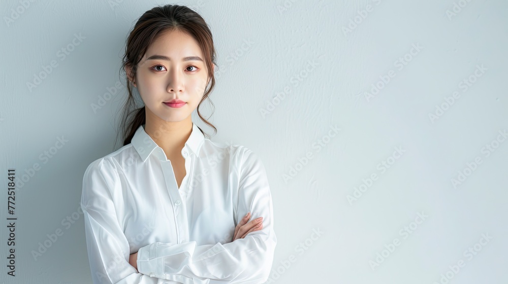 Profile portrait of a young Korean woman, posing in crossed arms, studio shot, white background. Profile portrait of a young Korean woman, posing in crossed arms, studio shot, white background.