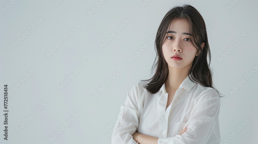 Profile portrait of a young Korean woman, posing in crossed arms, studio shot, white background. Profile portrait of a young Korean woman, posing in crossed arms, studio shot, white background.
