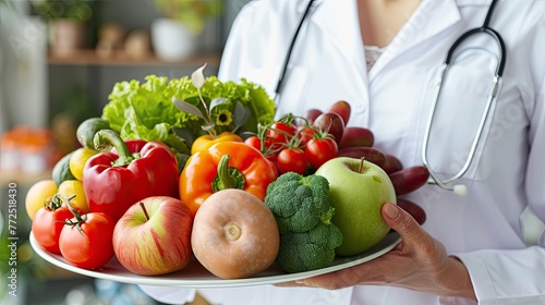 Doctor hands holding a tray with healthy vegetables and fruits.