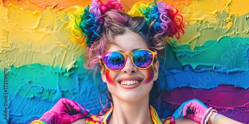 Young woman wearing rainbow sunglasses, rainbow hair, rainbow dress