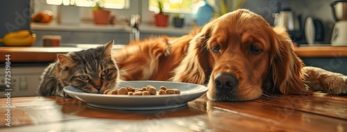 a dog and cat peacefully enjoying their meal together in a cozy home environment. photo