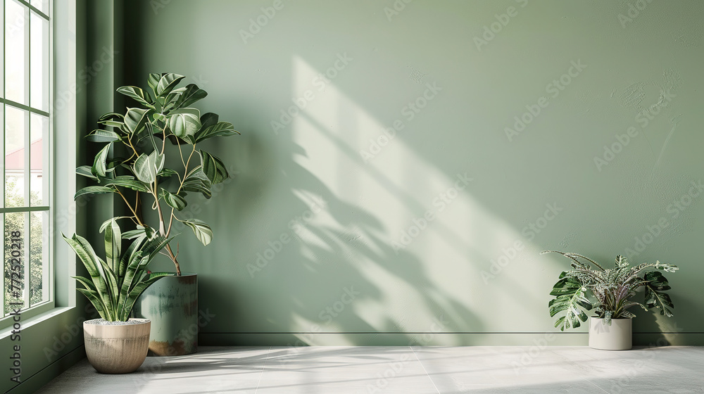 modern empty  living room with a window green wall, plants , empty copy space